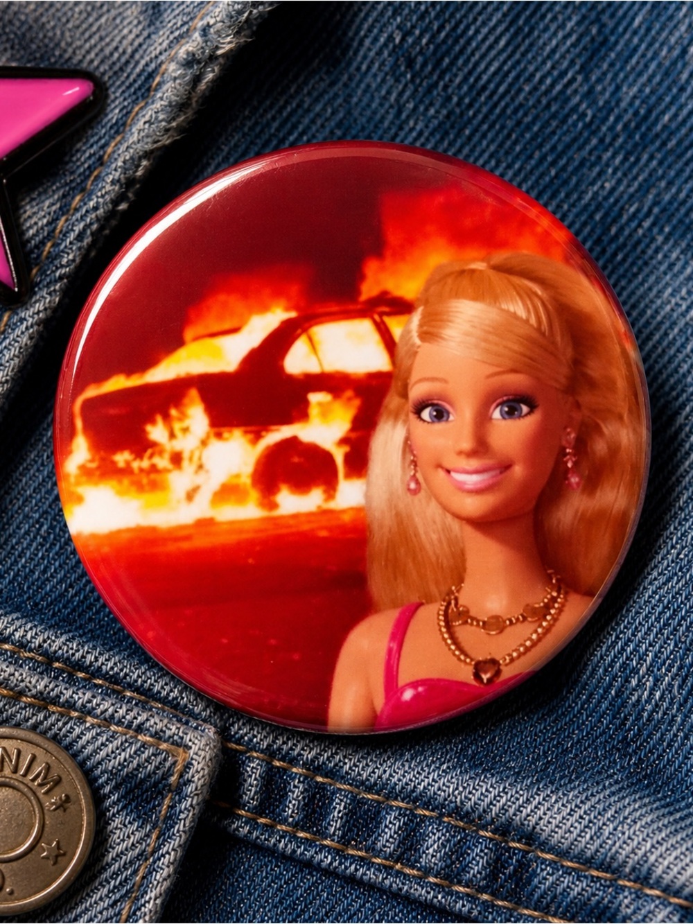 Barbie “Disaster Girl” Pin Button Y2K Meme NWT